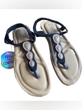 Ashley Blue Navy T-Strap Sandals with Crystal Accents